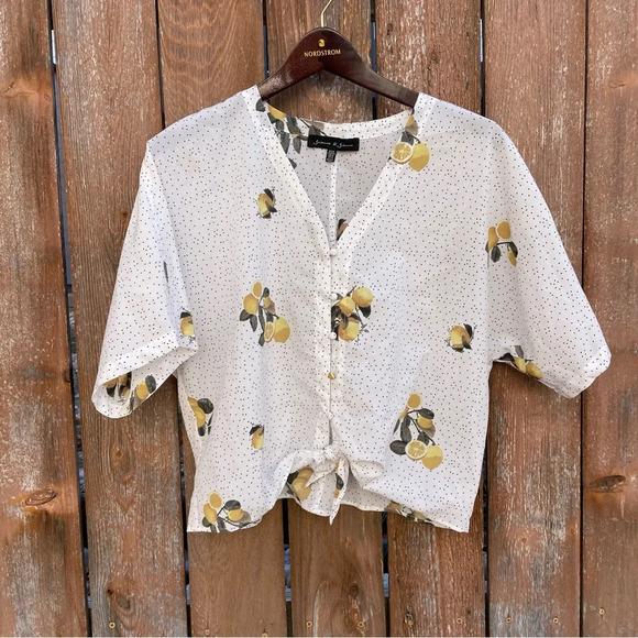 JASMINE & JULIANA Women’s Lemon Polka Dot Short Sleeve V neck Blouse Size Medium - Picture 1 of 11
